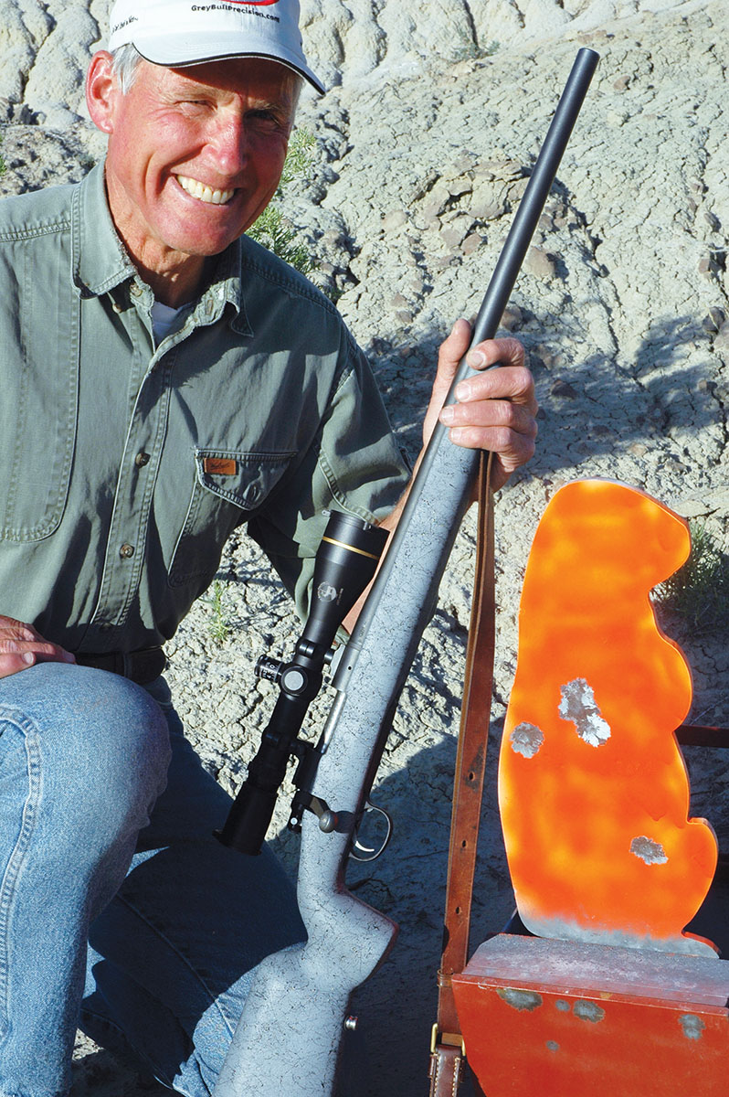 Wayne borrowed a Remington 700 22-250 gunsmithed by GreyBull to pester this oversize prairie dog from 500 yards. Prone, he hit with all five bullets. Smile-worthy accuracy…
